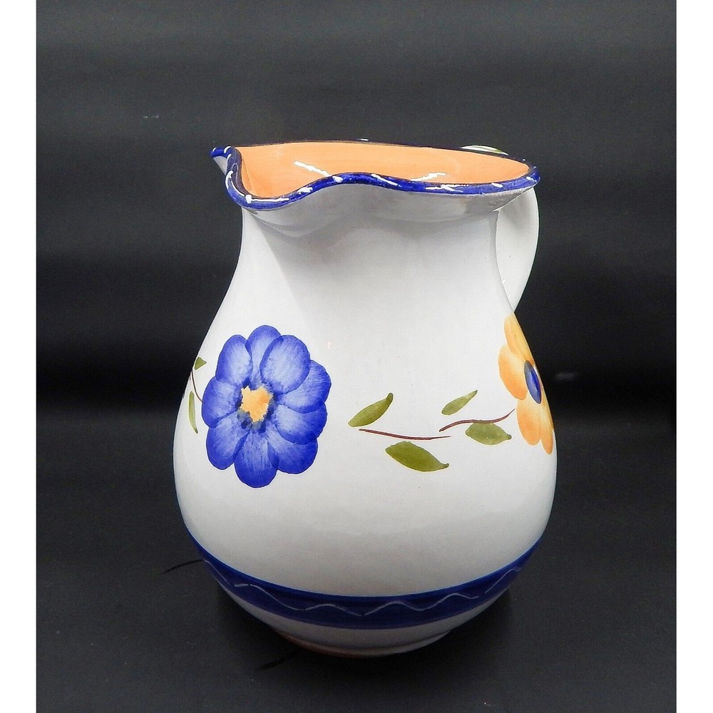 Furio Home Pottery La Spezia Pitcher Blue Yellow Floral On White Italy